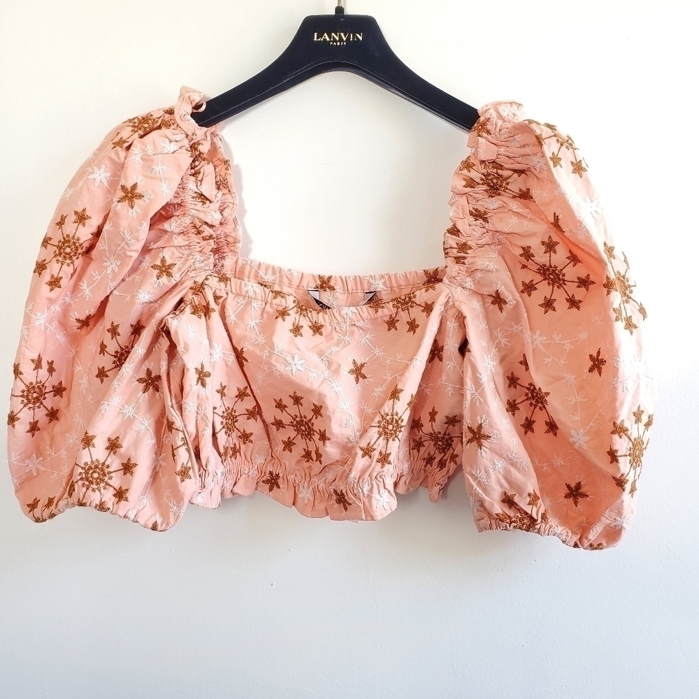 New Zara Embroidered Voluminous Puff Sleeve Cropped Top NWT Size Small - Picture 11 of 16